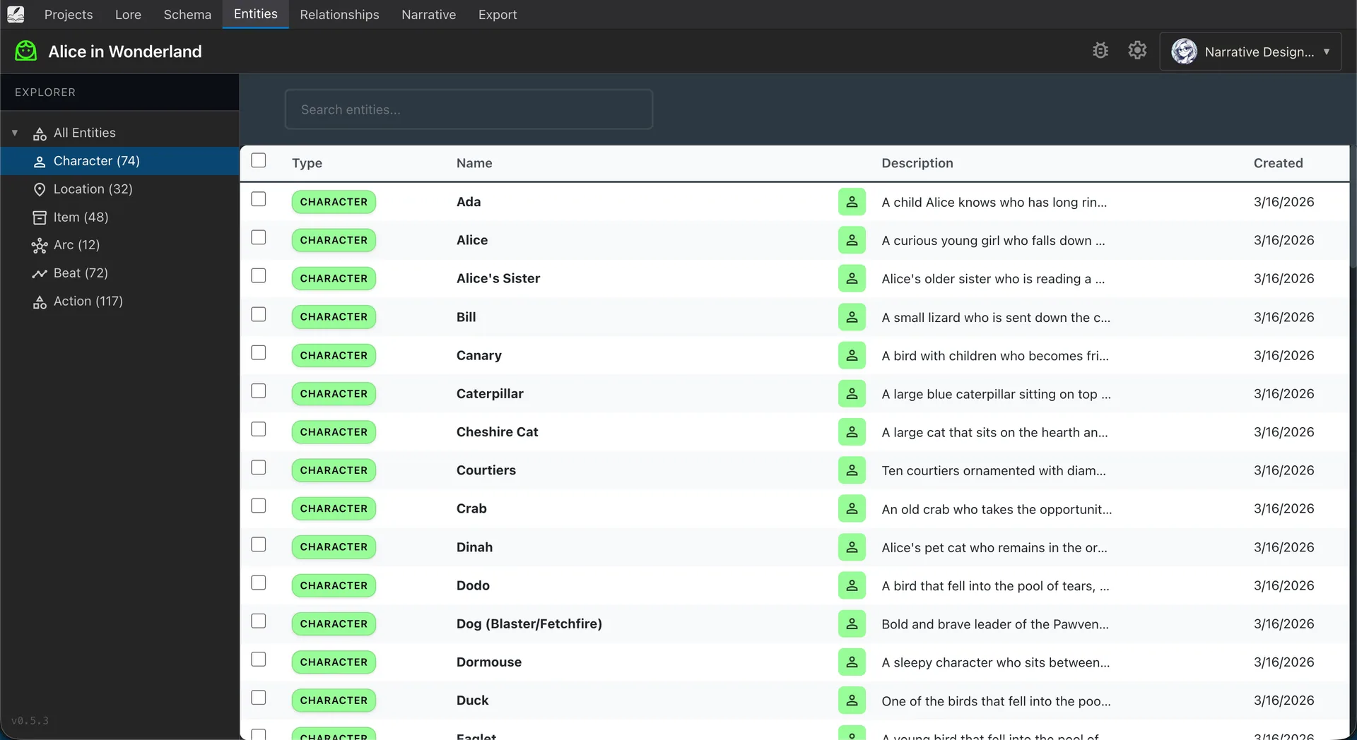 Extracted entities list view